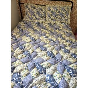 Vintage Puffy Patchwork Comforter & 2 Shams Blue Yellow Floral Bedding Set
